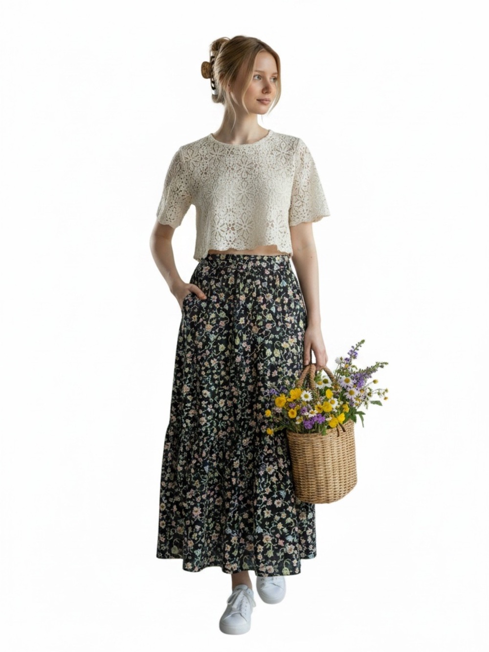 100% Cotton cottage core black floral skirt pockets natural fiber tiers prairie